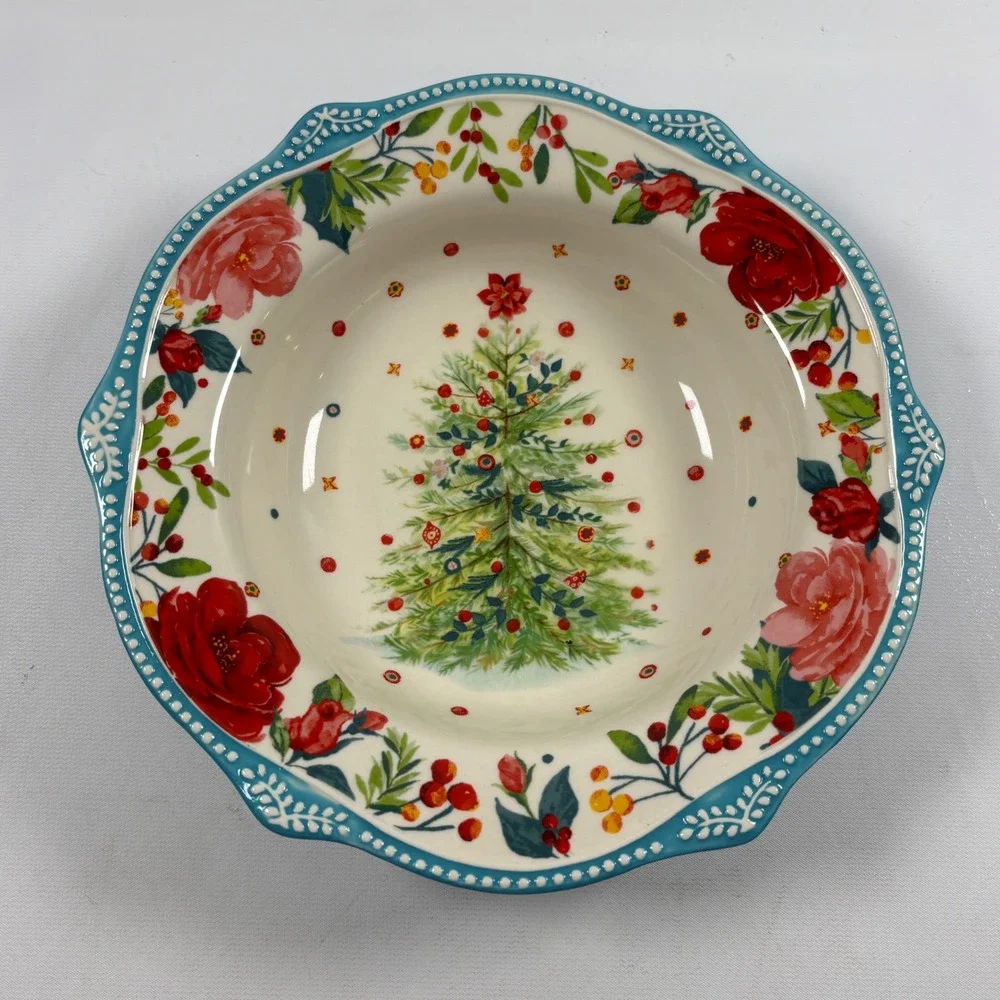 Pioneer Woman Wishful Winter Christmas Tree Low Rim Bowl Set of 2 Soup Pasta